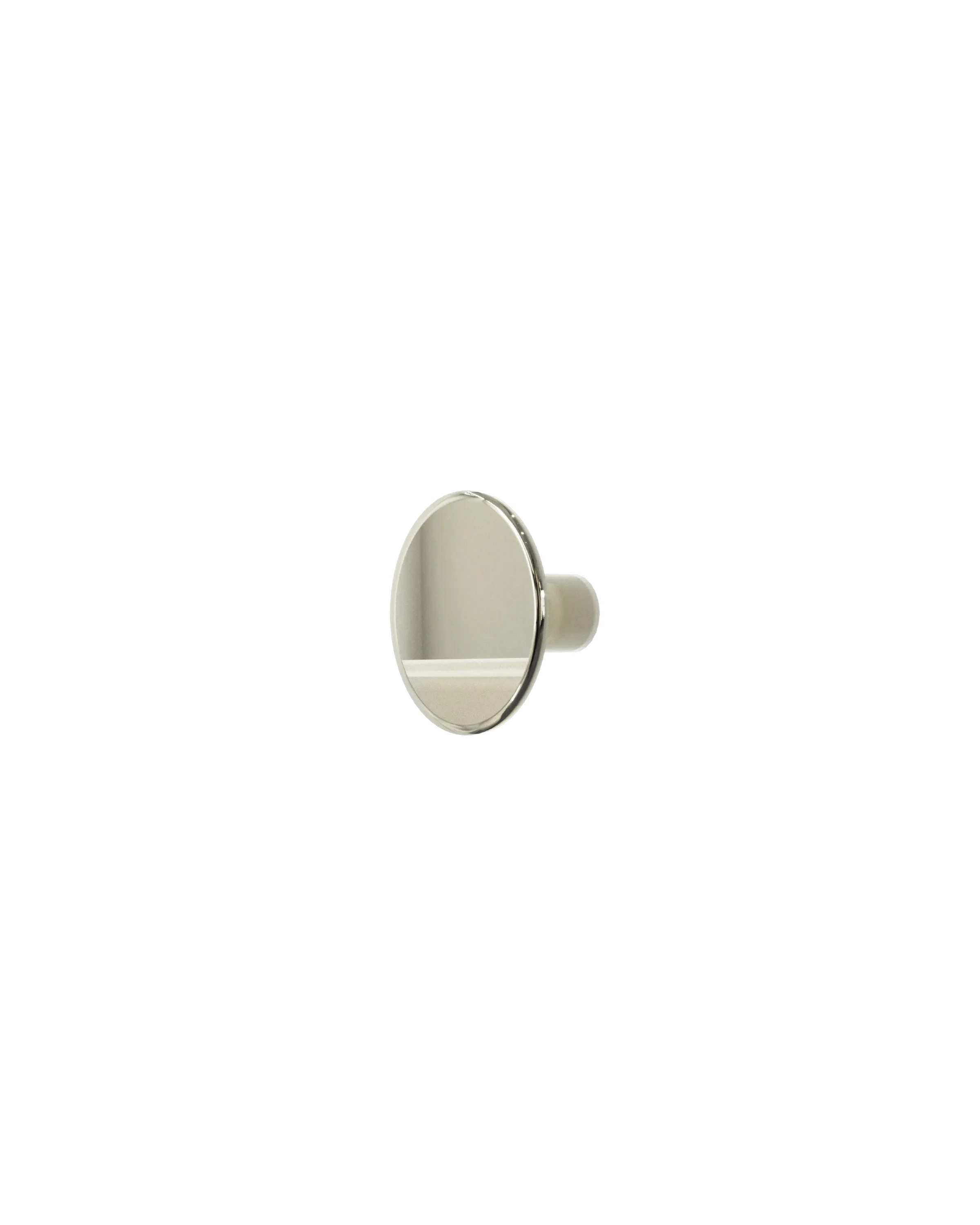 Silver, round handle with a shiny surface, seen on the side, on a white background. 